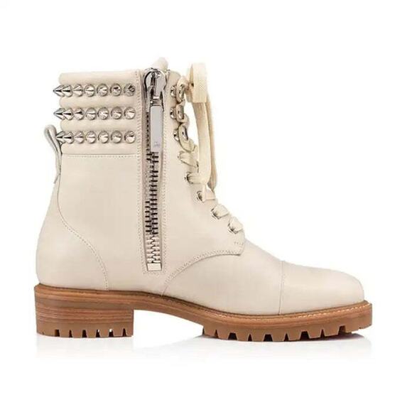 Christian Louboutin Winter Spikes Flat White Calf Leather Combat Ankle Boot 38 - Picture 3 of 9